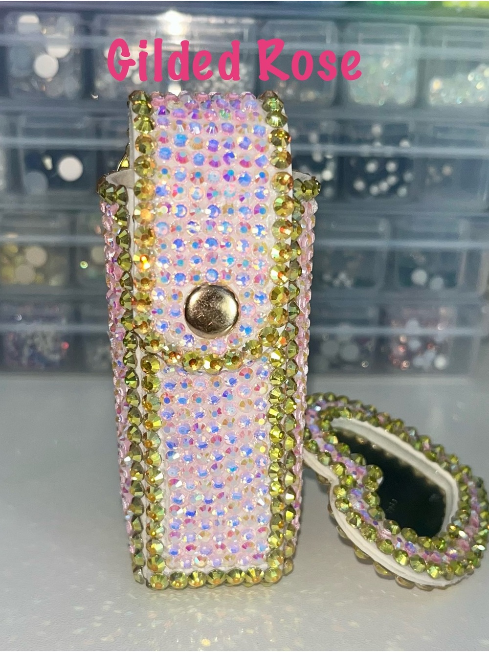 Hand Crafted Gilded Rose Crystal Rhinestone Lipstick Case and Mirror Keychain